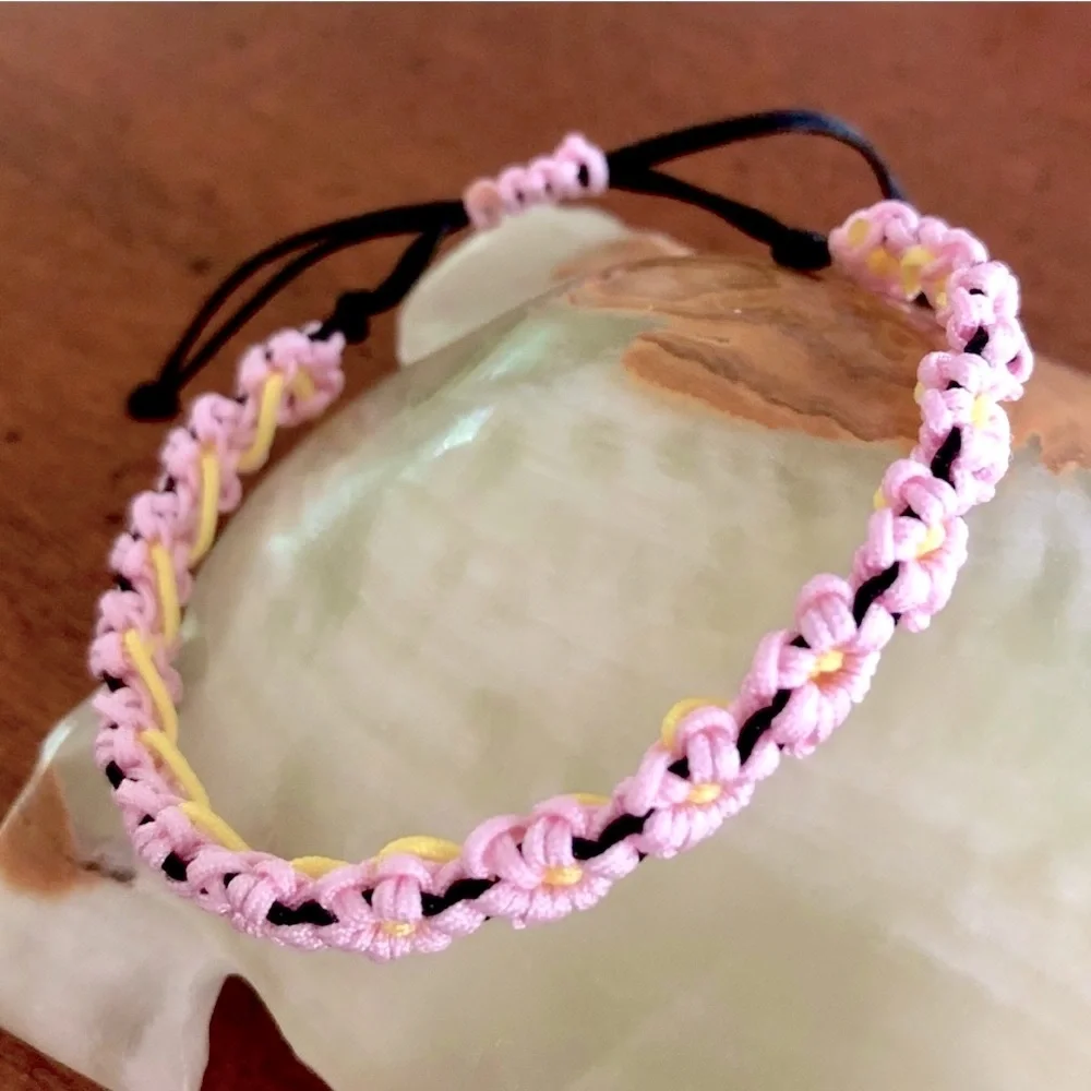 Handmade Peach Blossom Pink Floral Chinese Adjustable Bracelet Black Gift Asian